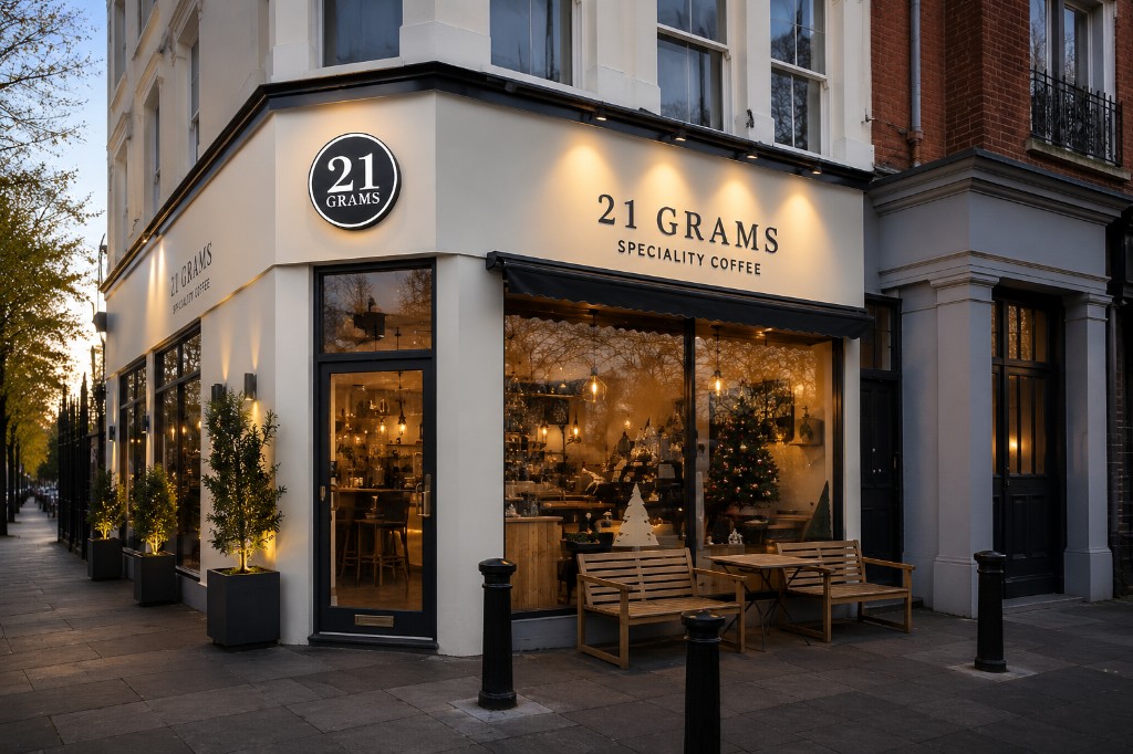 The 21Grams speciality coffee house at dusk, with warm light in the windows